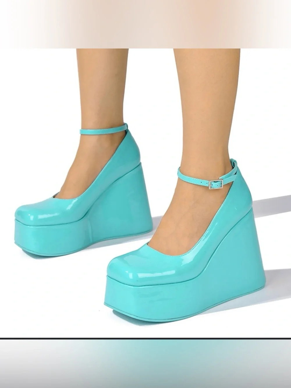 Cape Robbin Teal Platform Wedge Pumps with Ankle Strap